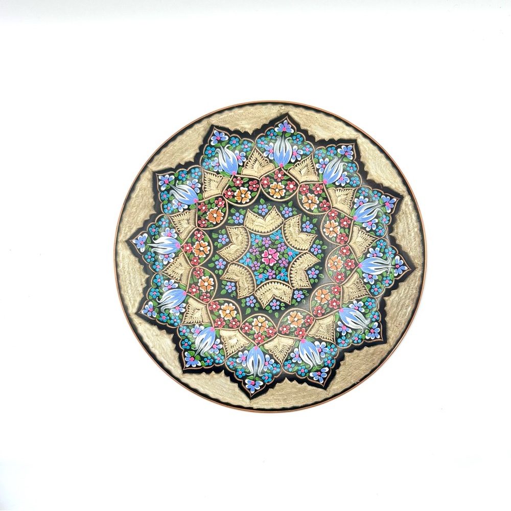 Vintage Hand Painted Copper Wall Plate Floral Mandala Boho Decor